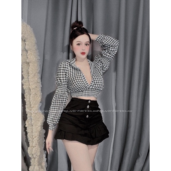 Set áo croptop caro nhún eo tay phồng và chân váy jean tầng