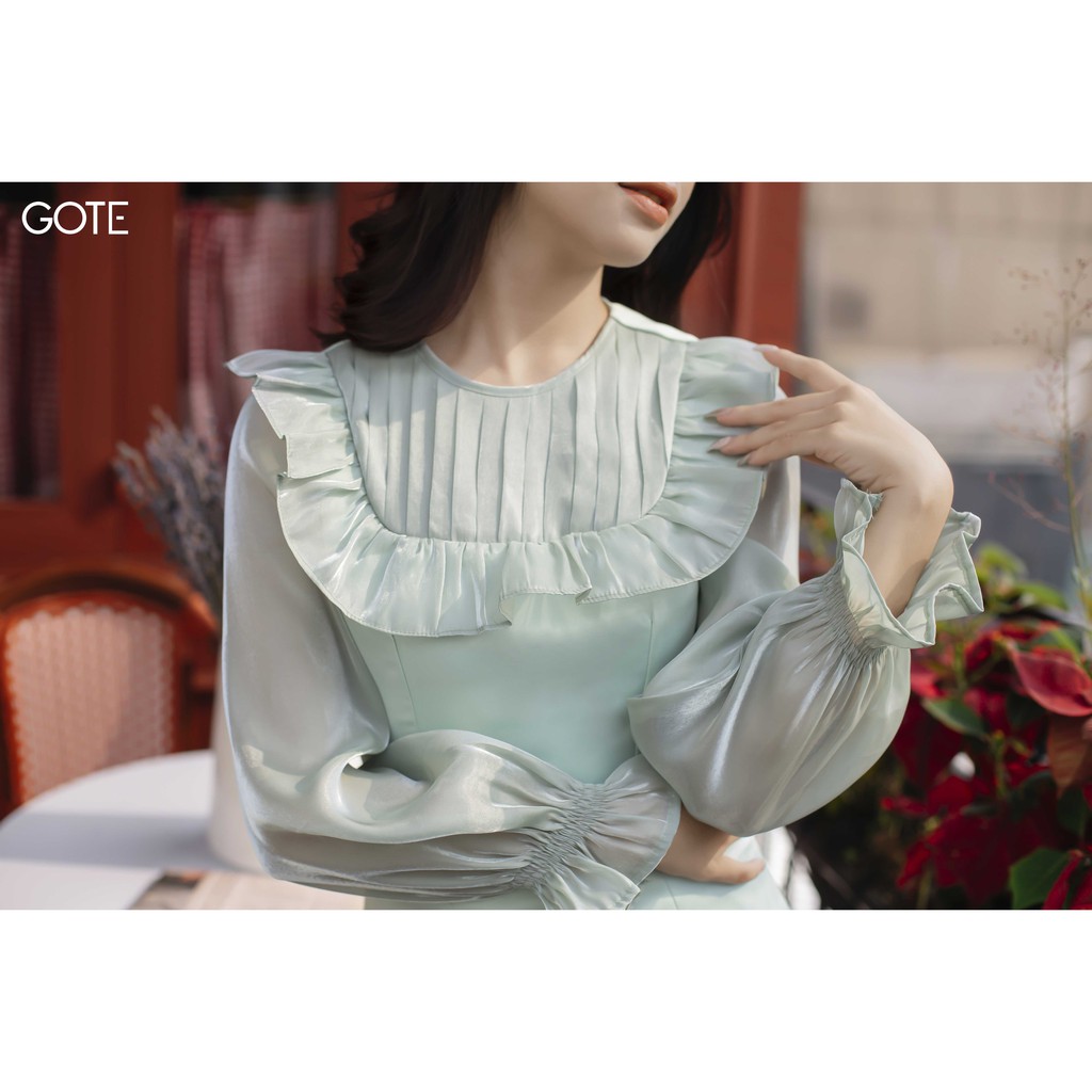 GOTE - Đầm phối organza xanh xếp ly ngực D42GS