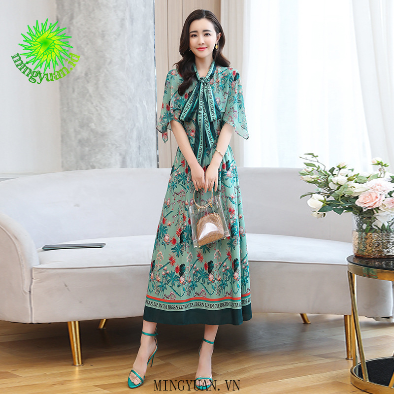 ( Mingyuan ) New temperament short-sleeved sleeve big-name printed floral mid-length dress