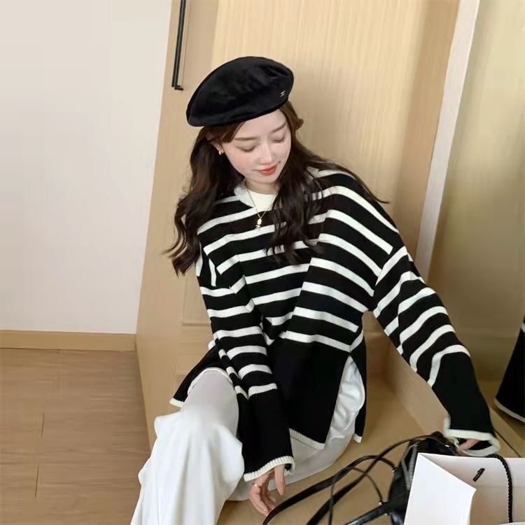 NZN Áo len nữ dài tay cổ tròn sọc ngang màu sắc thời trang