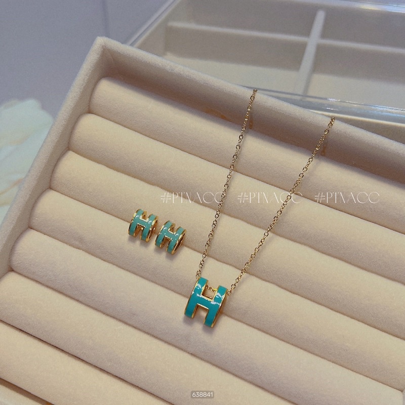 Bộ trang sức titan, set bông tai, dây chuyền thương hiệu chữ H nhiều màu sang trọng .PTNACC.