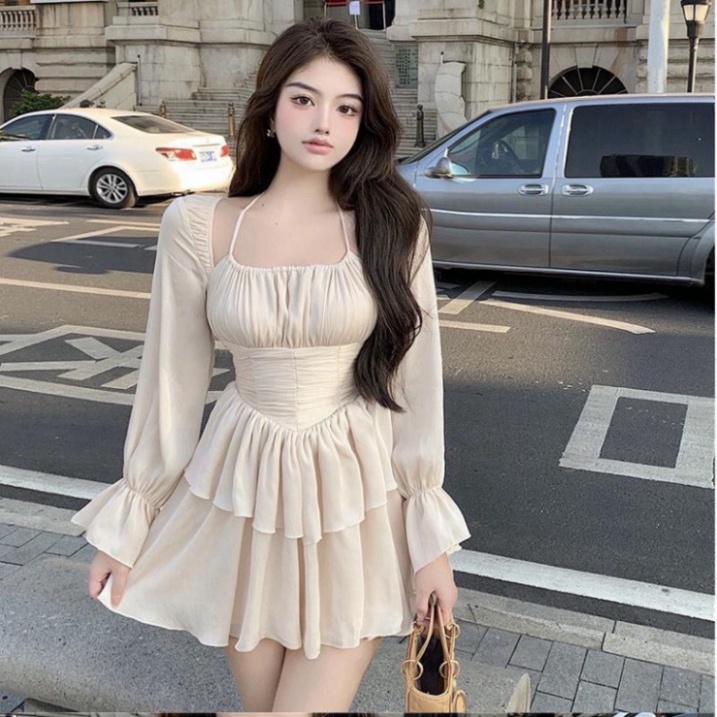 Đầm xòe cổ yếm voan nhún quảng châu, Váy xòe xếp ly hở lưng tiểu thư tay dài kiểu hàn màu đen,be, hồng | BigBuy360 - bigbuy360.vn