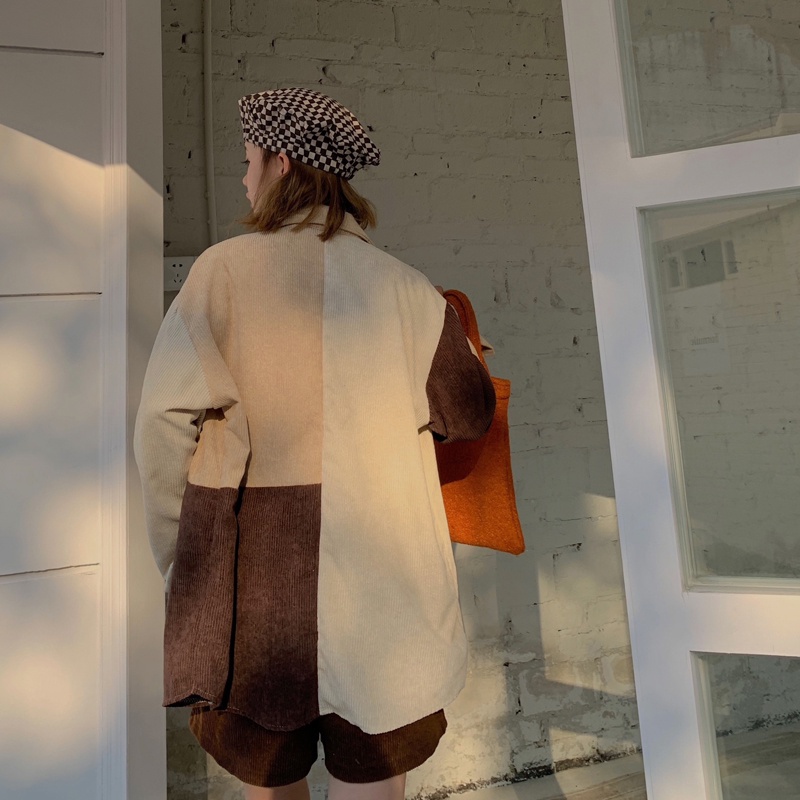 Áo khoác SUXI tay dài vải nhung phối màu tương phản thời trang mùa thu phong cách Hàn Quốc cho nữ