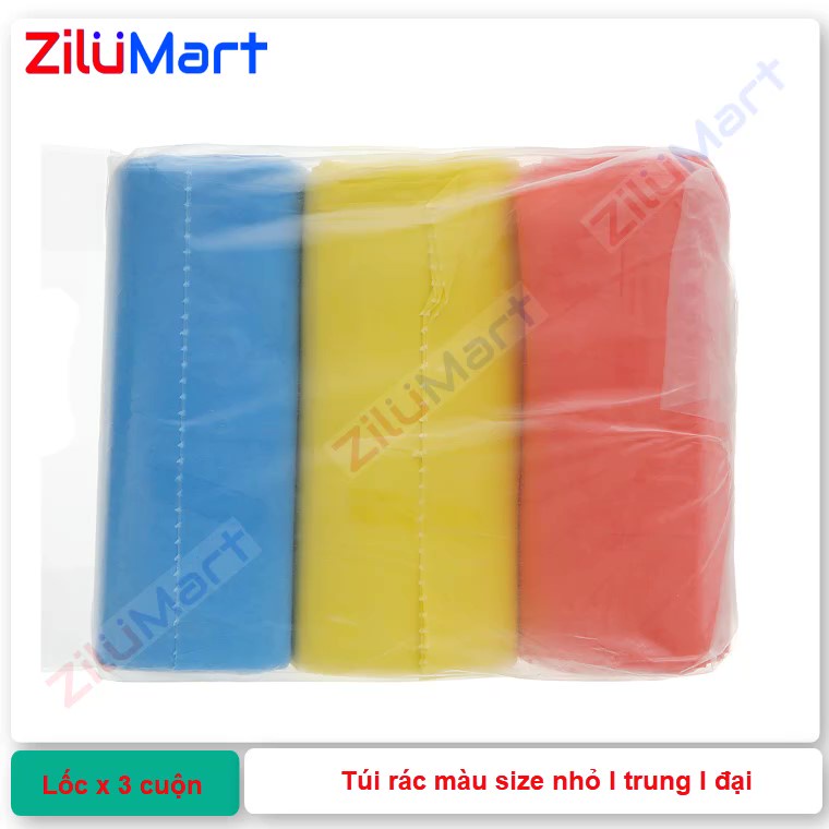 Lốc 3 cuộn túi rác màu 3 size nhỏ trung đại