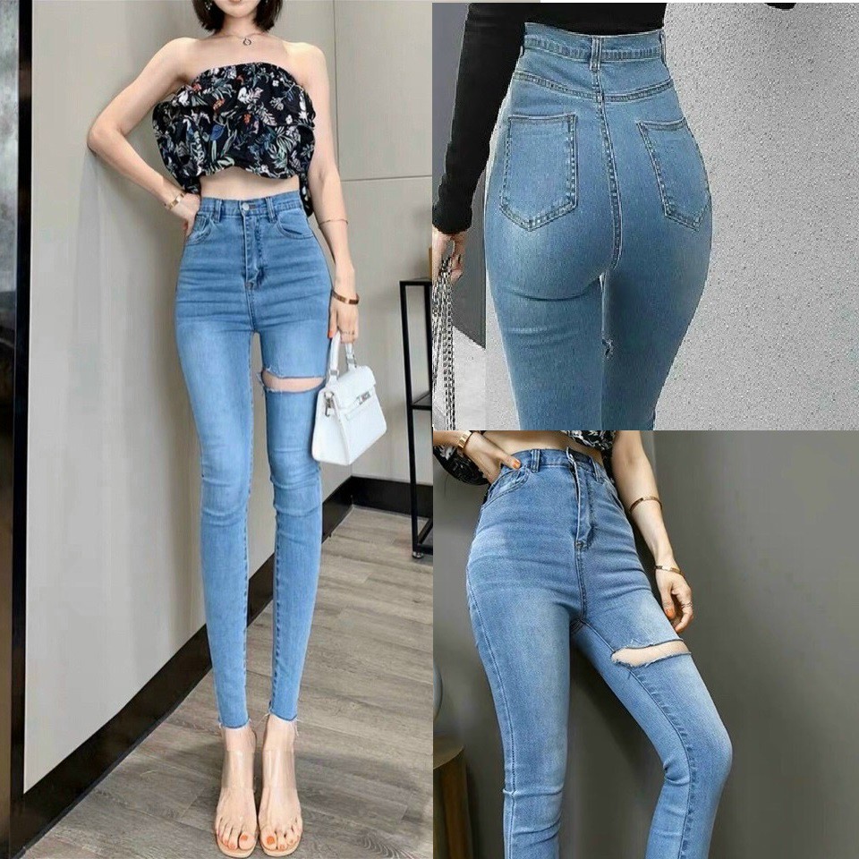 Quần jean nữ lưng cao co giãn rách QJ4579