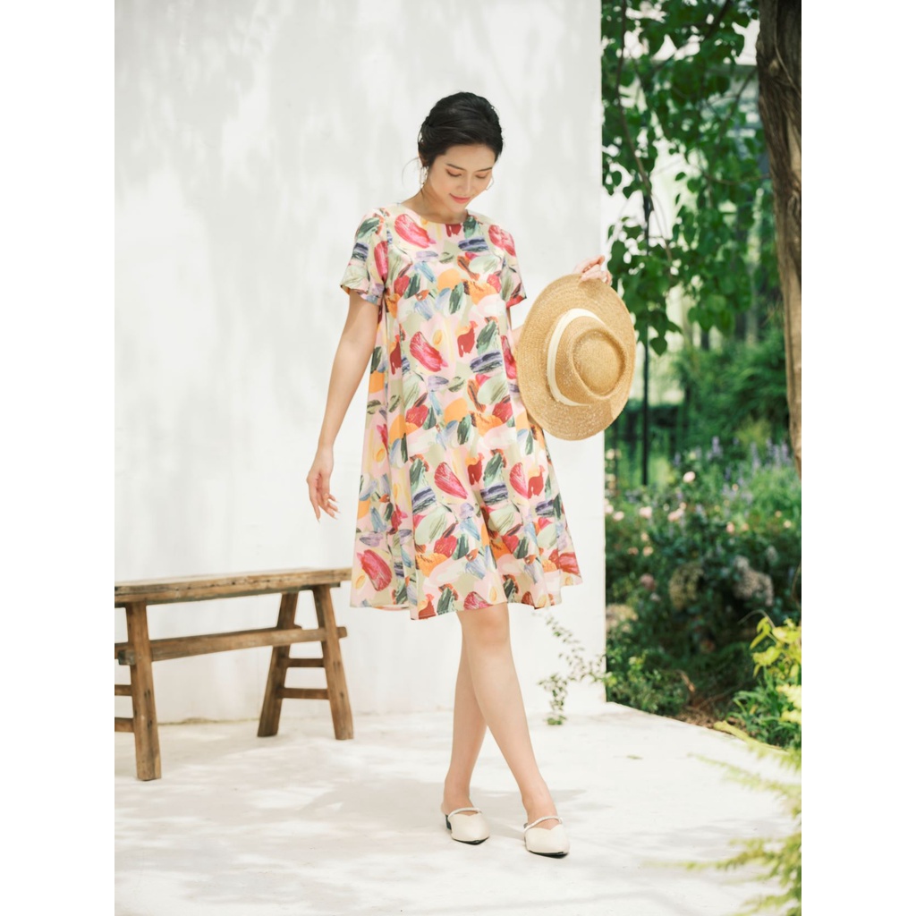 Đầm De Leah dáng suông chữ A cổ tròn tay lơ vê nữ tính thời trang thiết kế