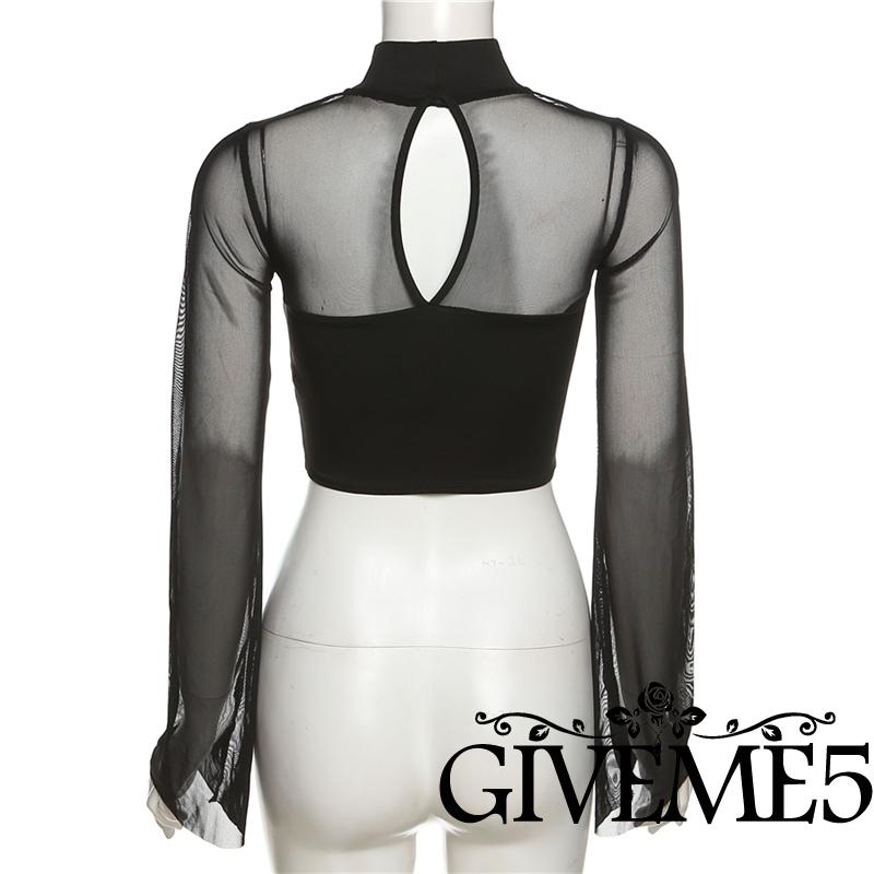 Áo Croptop Tay Dài Màu Trơn Thiết Kế Xuyên Thấu Quyến Rũ