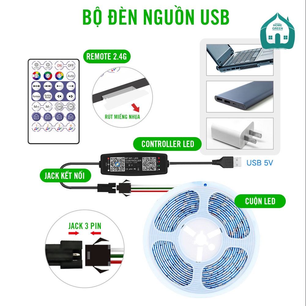 Led dây đuổi ARGB WS2811/WS2812B sóng nhạc, cảm biến âm thanh trực tiếp, chỉnh hiệu ứng qua App + remote, 2m, 3m, 5m,10m