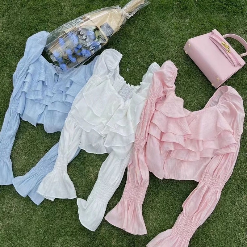 Áo Sơ Mi Chiffon Tay Dài Viền Bèo Màu Xanh Dương Thời Trang Mùa Xuân Cho Nữ