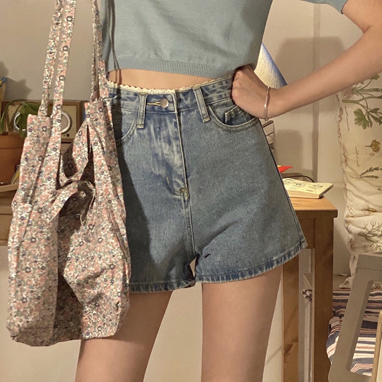 COZOK Quần Short denim Dáng Rộng Viền Ren Phong Cách Hàn Quốc