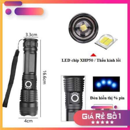 Bộ Đèn Pin Siêu Sáng XHP50 Tích Điện Dung Lượng Lớn Bóng LED Chip Sáng Cực Mạnh Cổng Sạc MicroUSB