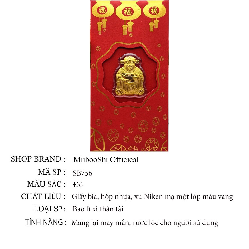 Lì xì 2022 tết đỏ thần tài may mắn mạ vàng 24K rước tài lộc SB756