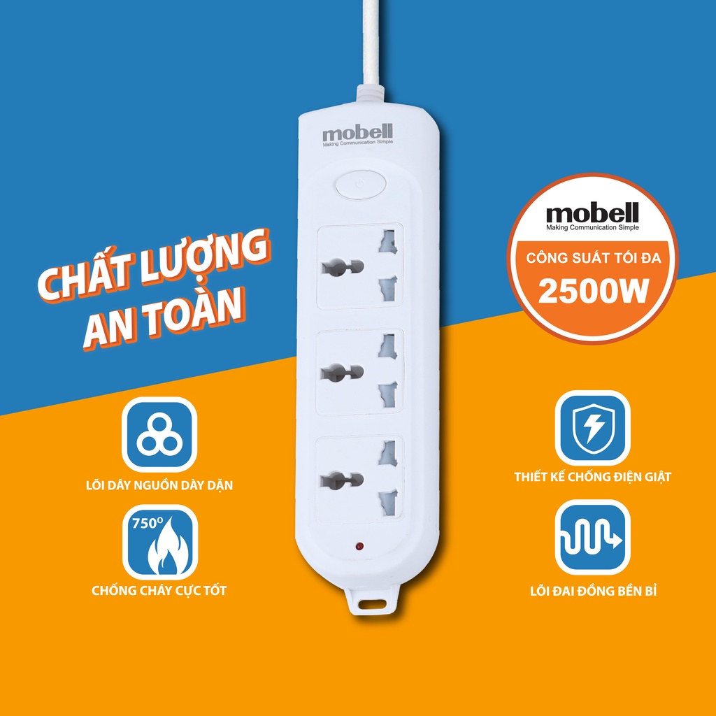 Ổ Cắm Điện Đa Năng Mobell 3 Lỗ Cắm 3m/5m Có Công Tắc Chịu Nhiệt Cao 750 Độ C 2500W mã CX1303UO-OL