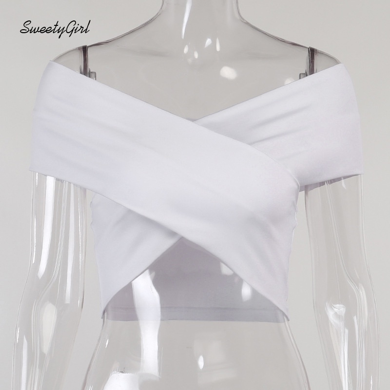 Áo croptop trễ vai tay ngắn màu trơn dáng ôm thời trang quyến rũ cho nữ