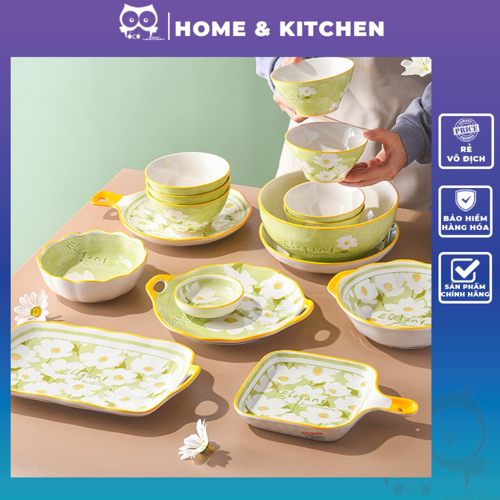 Bộ sưu tập đĩa gốm sứ họa tiết hoa cúc xanh CÓ SẴN - ĐỦ MÀU