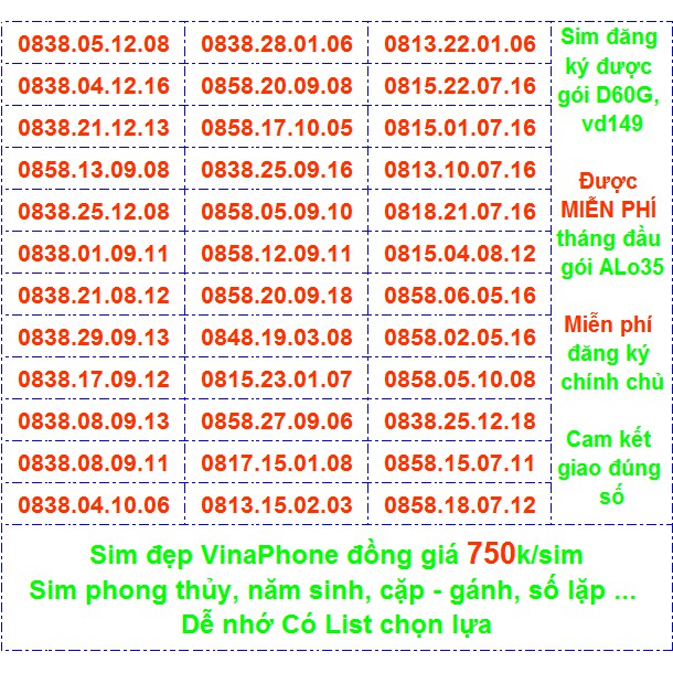 Sim Vina số đẹp 750k Miễn phí ĐK chính chủ Miễn phí gói ALO35 tháng đầu, ĐK được gói VD149-D60G...(xem ở chi tết)