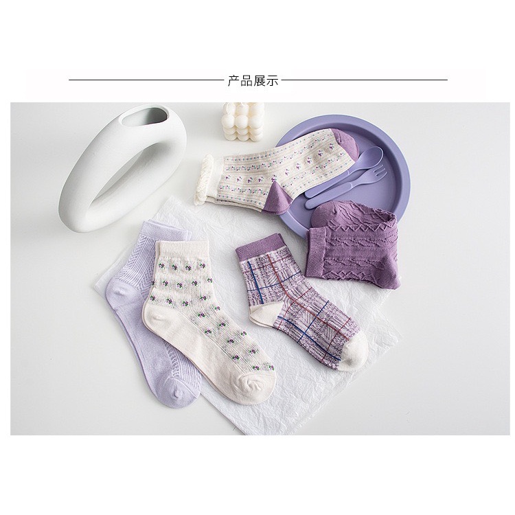 Set 5 đôi tất cổ cao Bivota vớ nữ hàn quốc hoạ tiết tím nhẹ nhàng T84