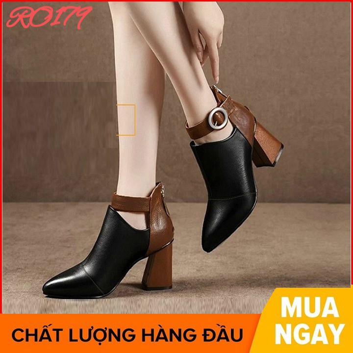 Giày boot bốt nữ cổ thấp 7 phân hàng hiệu rosata màu đen ro179