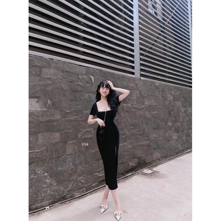Đầm body xẻ tà cổ vuông cực tôn dáng, váy dáng dài chất thun gân co giãn tốt, phù hợp diện mọi hoàn cảnh | BigBuy360 - bigbuy360.vn