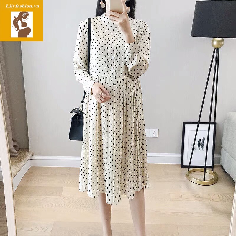[ BIGSIZE 82kg ] VÁY ĐẦM BẦU THIẾT KẾ DỰ TIỆC CÔNG SỞ  DÀI TAY HỌA TIẾT CHẤM BI HÀN QUỐC