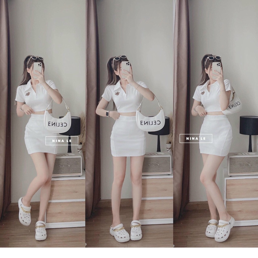 [9.9 Sales Freeship] Set váy trắng polo ôm body, set áo trắng cổ bẻ in gấu croptop + chân váy ôm ngắn chữ A dễ thương