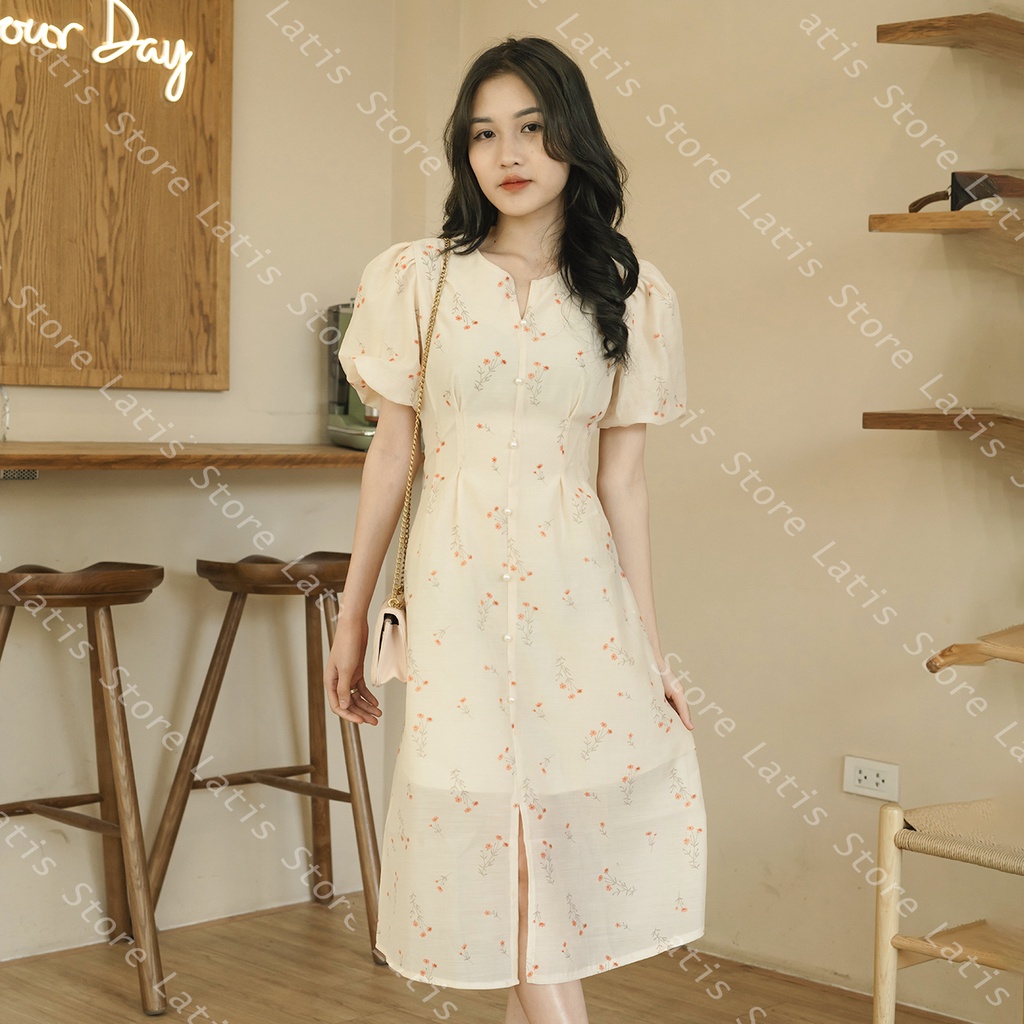 Váy Hoa Nhí Vintage Dáng Dài Xẻ Tà, Đầm Hoa Nhí Tơ Nến Tay Bồng Hàng Thiết Kế Latis Store