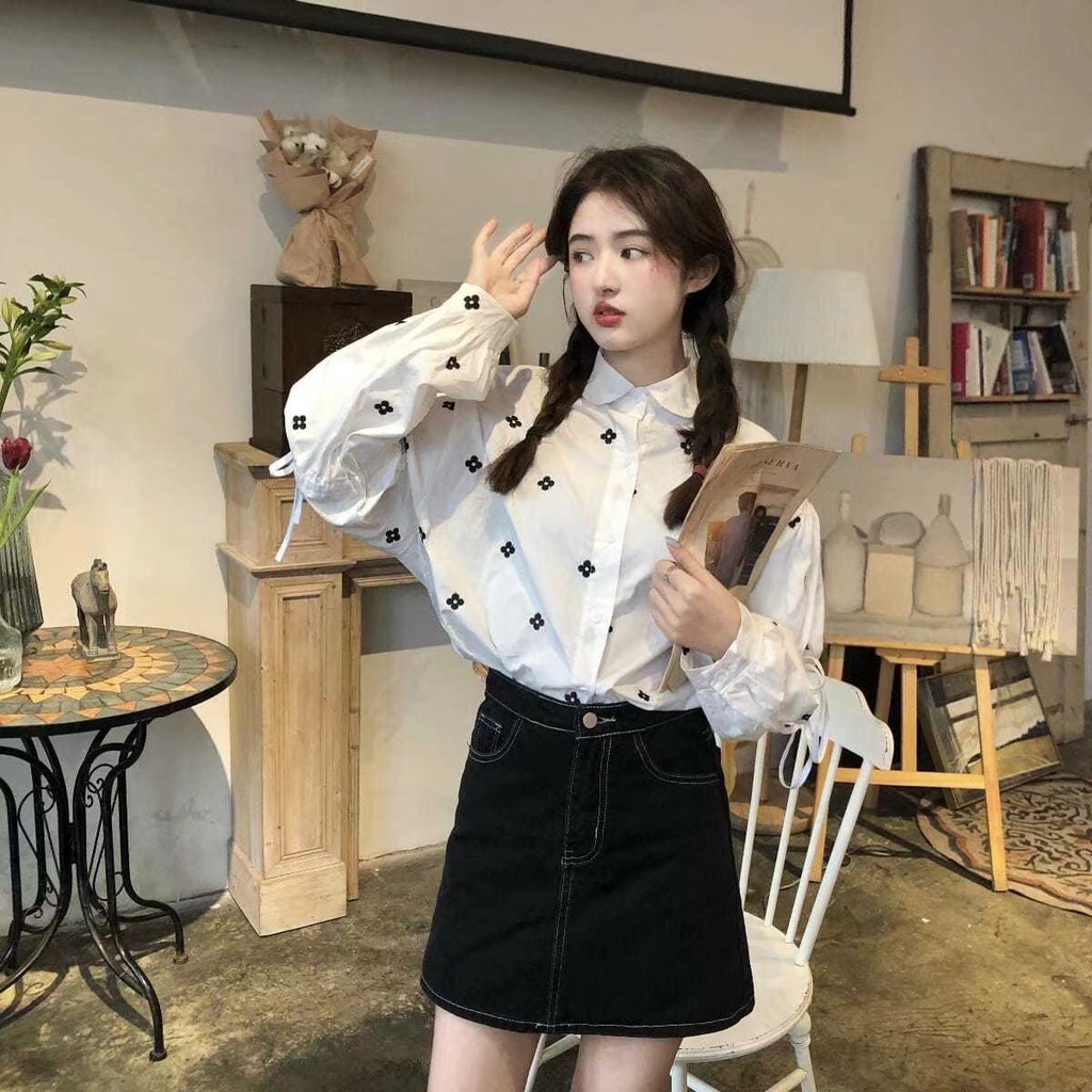 Áo Sơ Mi Nữ Tay Dài Dáng Rộng Thêu Hoa Thời Trang Hàn Quốc