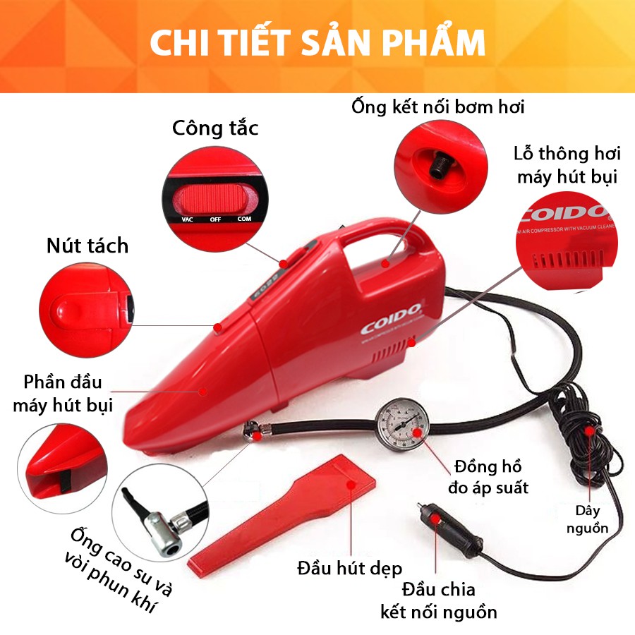 [Mã BMBAU300 giảm 10% đơn 499K] Máy Hút Bụi Kiêm Bơm Lốp Ô Tô COIDO HC6022 Nhập Khẩu Chính Hãng