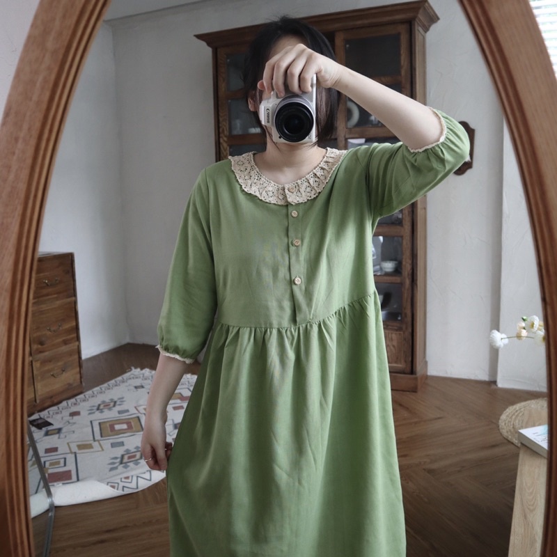 Lá Xoè | Đầm linen cổ phối ren cotton bánh bèo siu xinh