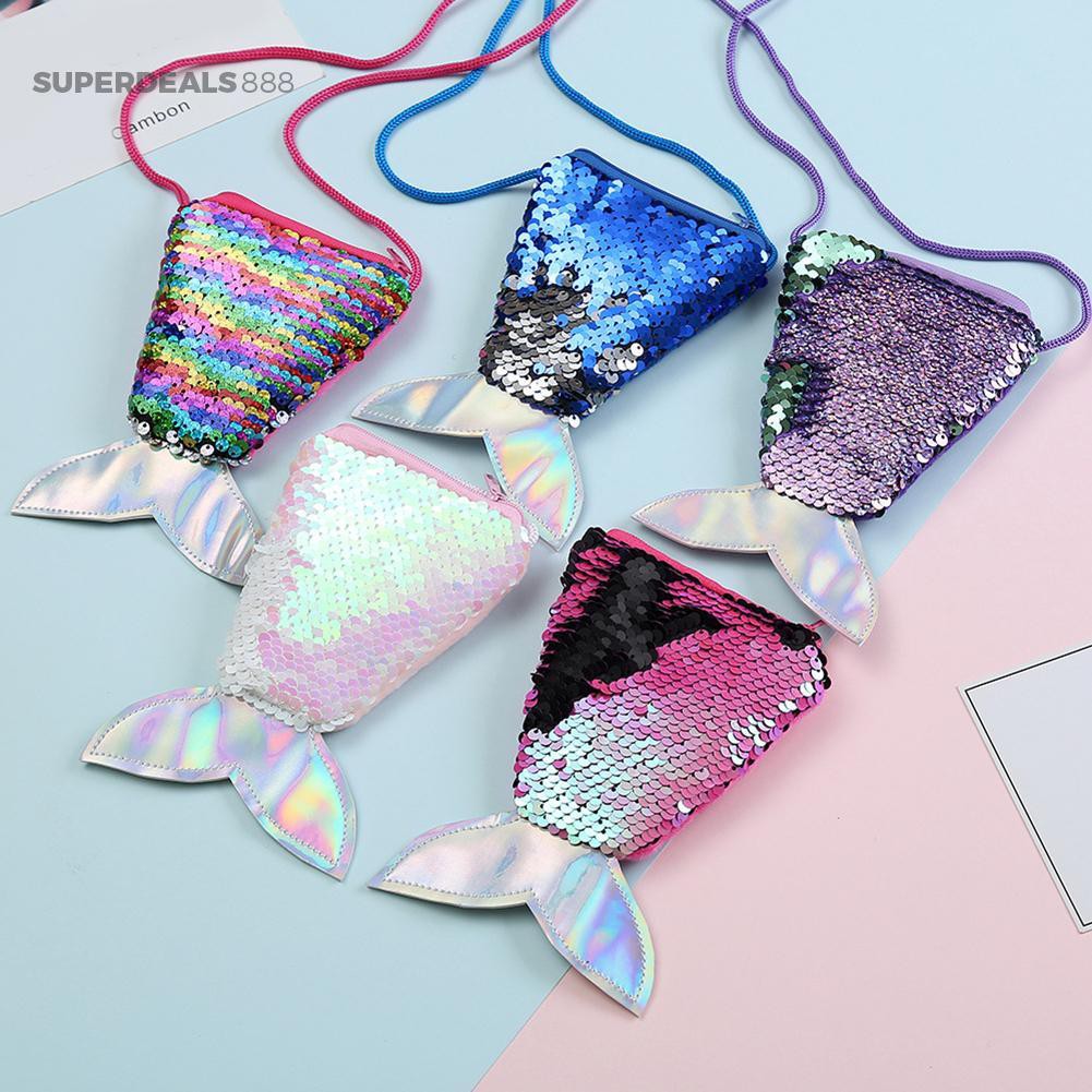 Túi đeo chéo hình đuôi cá đính sequin lấp lánh xinh xắn dành cho bé gái