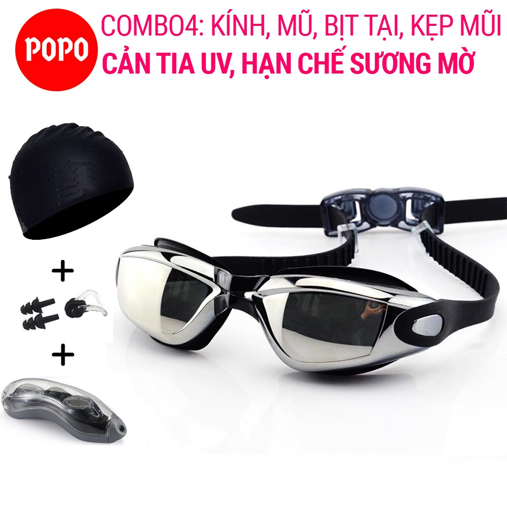 Combo Kính bơi tráng gương Mũ bơi Bịt tai kẹp mũi POPO 2360 mắt kính bơi thể thao cản tia UV, hạn chế sương mờ