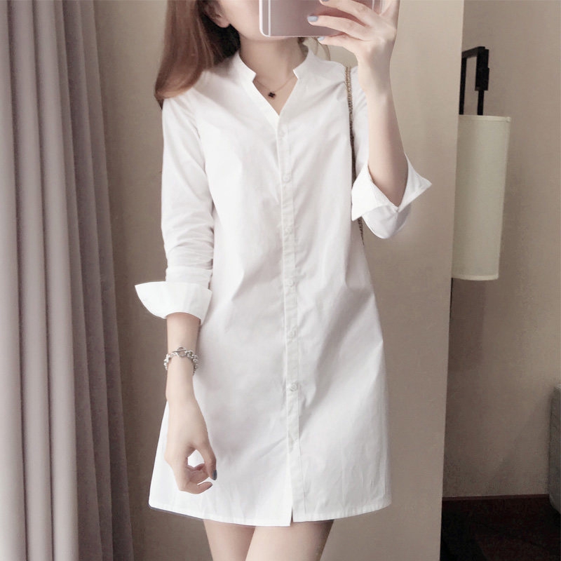 Đầm sơ mi tay dài cổ V màu trơn thời trang cho nữ