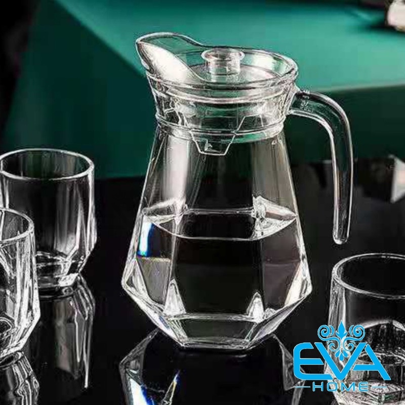 Bình Thuỷ Tinh Đựng Nước 1.3L Quai Cầm Miệng Rót Cạnh Kim Cương EH1028 Glass Pitcher Diamond Shape Striped Jar 1300 ML