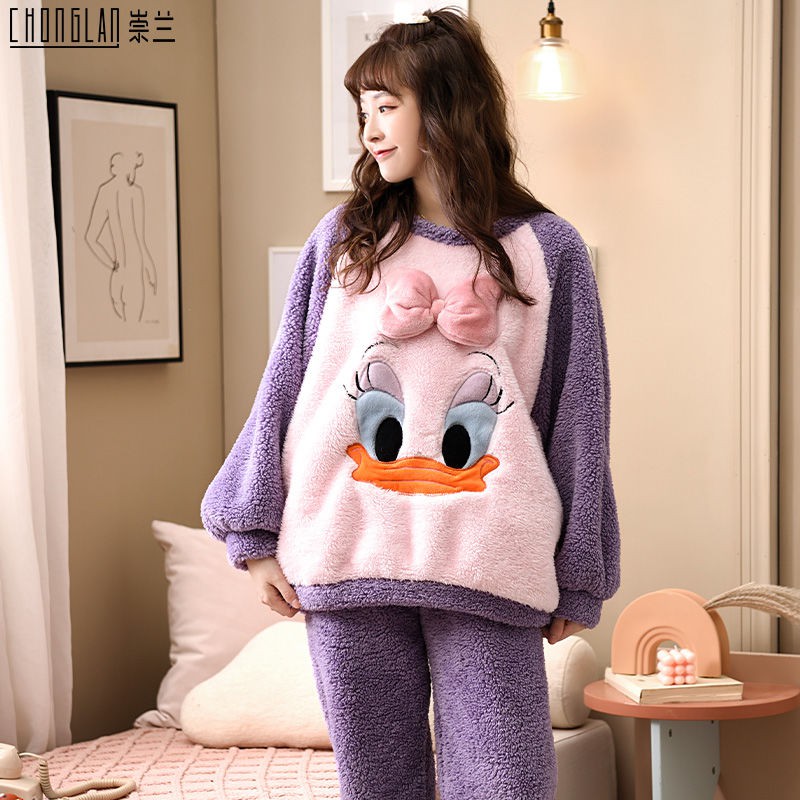 Bộ Đồ Ngủ Vải Flannel Lông Cừu San Hô Dễ Thương Thời Trang Mùa Đông Cho Nữ