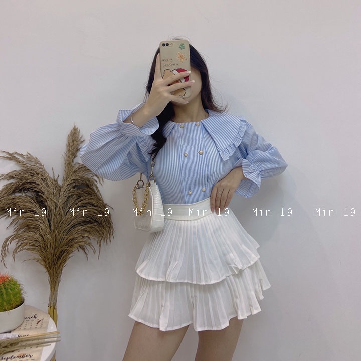 Sơ Mi Cổ Bèo MIN19 Áo Kiểu Nữ Hàn Quốc Tay Phồng Bánh Bèo Tiểu Thư Form Rộng Kẻ Tăm Cúc Ngọc Màu Xanh Thời Trang