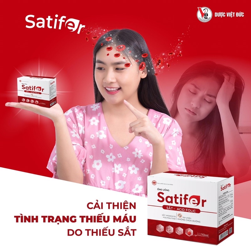 SATIFER 20 ống Bổ sung SẮT hữu cơ giúp cải thiện tình trạng thiếu máu do thiếu sắt. vị cacao, ngọt nhẹ ko tanh, dễ uống
