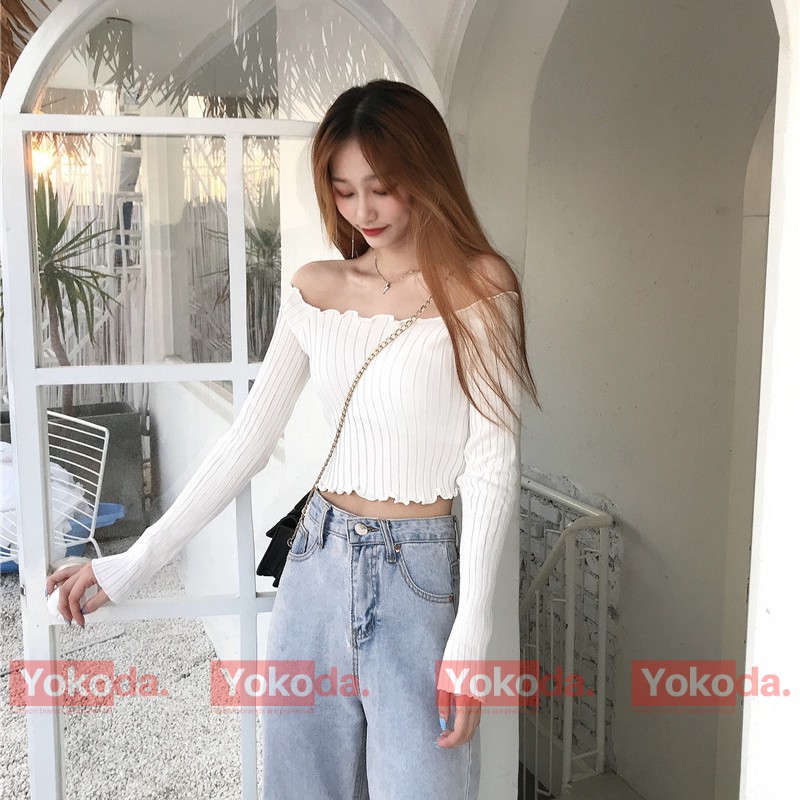 [XẢ] Áo Croptop Tay Dài Cổ Vuông Hot Thu Đông Năm✅Áo Croptop Len Trễ Vai Dài Tay Sexy - QA36