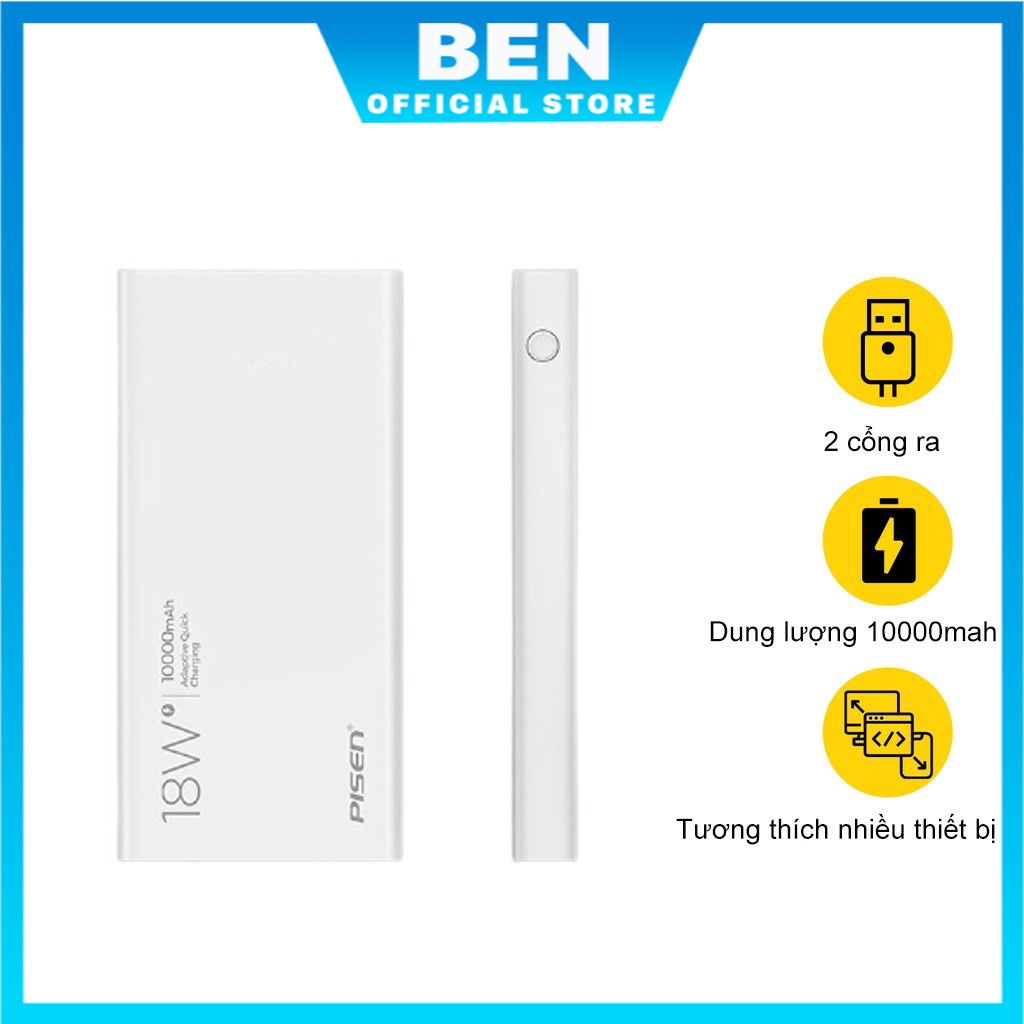 Sạc dự phòng Pisen QUICK Power Sno 10000mAh, 18W (TSD286) Hàng chính hãng