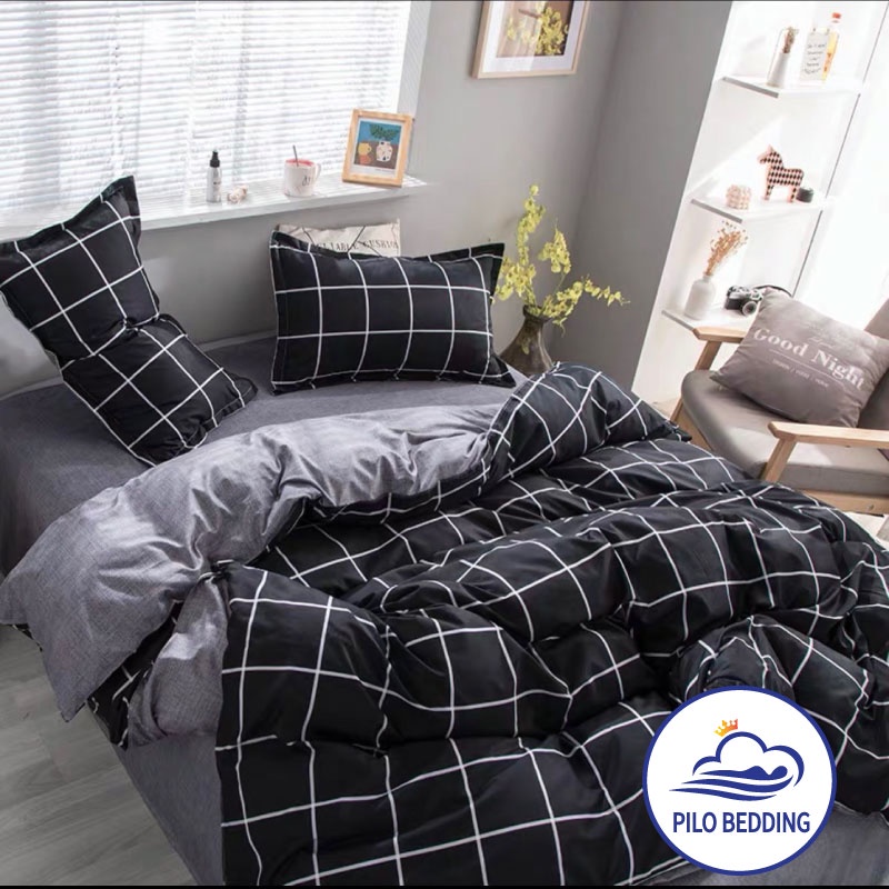 Bộ chăn ga gối Cotton Poly PILO BEDDING gồm vỏ chăn mền,drap ga giường và 2 vỏ gối nằm - Pl kẻ đen