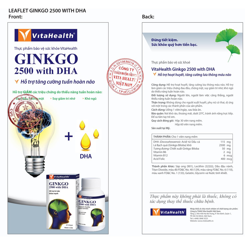 Viên Uống Vitahealth Ginkgo 2500 with DHA Giúp Tăng Cường Tuần Hoàn Não, Cải Thiện Trí Nhớ Hộp 60 Viên