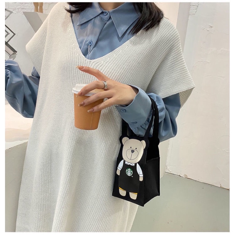 [ẢNH THẬT] Túi vải STARBUCKS Taiwan Bearista vải canvas chuẩn hãng đầy đủ phụ kiện túi tote mini đựng bình nước hình gấu