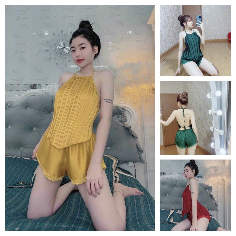 set đồ bộ lụ satin yếm đùi dập li đùi sexy siêu hot mùa hè