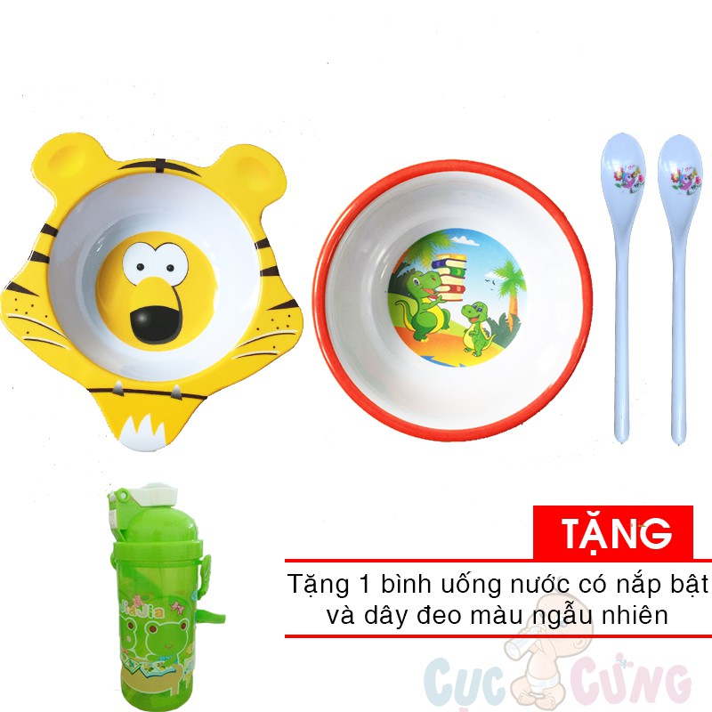 Chén cho bé tập ăn hình hổ bằng nhựa + Tô trẻ em in hình bằng nhựa + 2 muỗng ăn dặm cán dài TẶNG bình uống nước