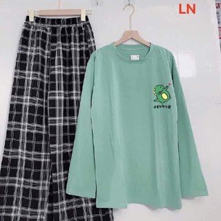  Áo thun dài tay cổ tròn khủng long xanh chữ nhật phong cách Ulzzang
