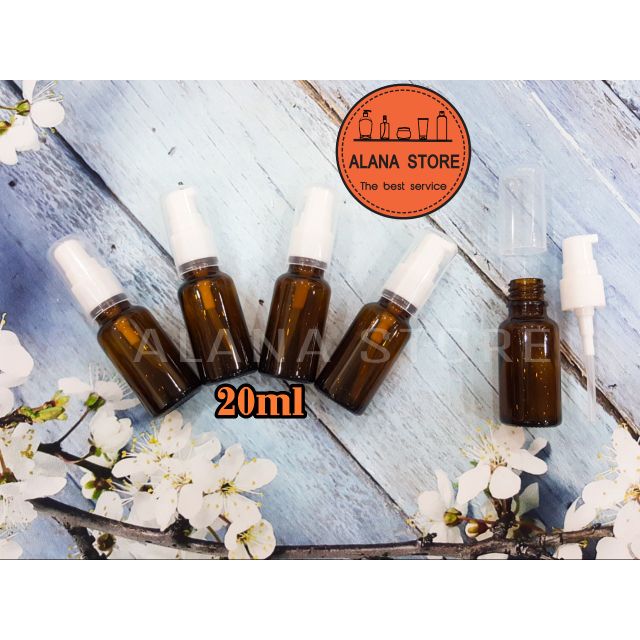 Lọ chiết mỹ phẩm thủy tinh nâu vòi ấn ngắn trắng 20ml