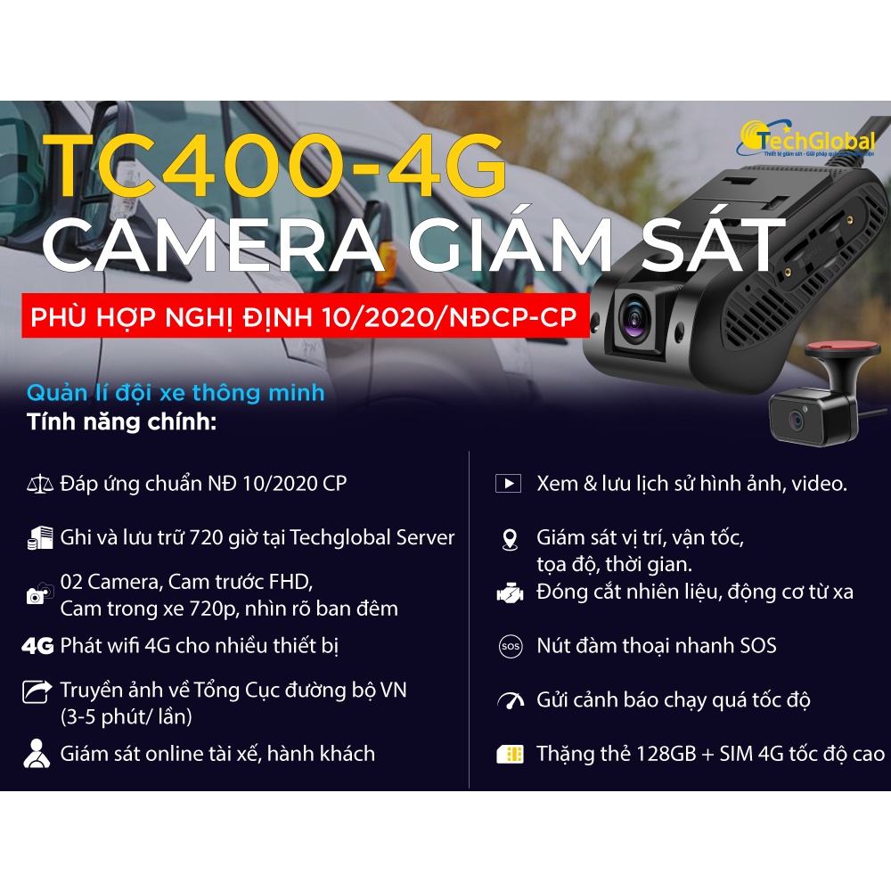 Camera  Hành Trình Chuẩn Nghị Định 10 TC400 CAM-ND10-cho xe 16 chỗ trở lên xe-đầu kéo-quay 2 mắt trước và trong cabin