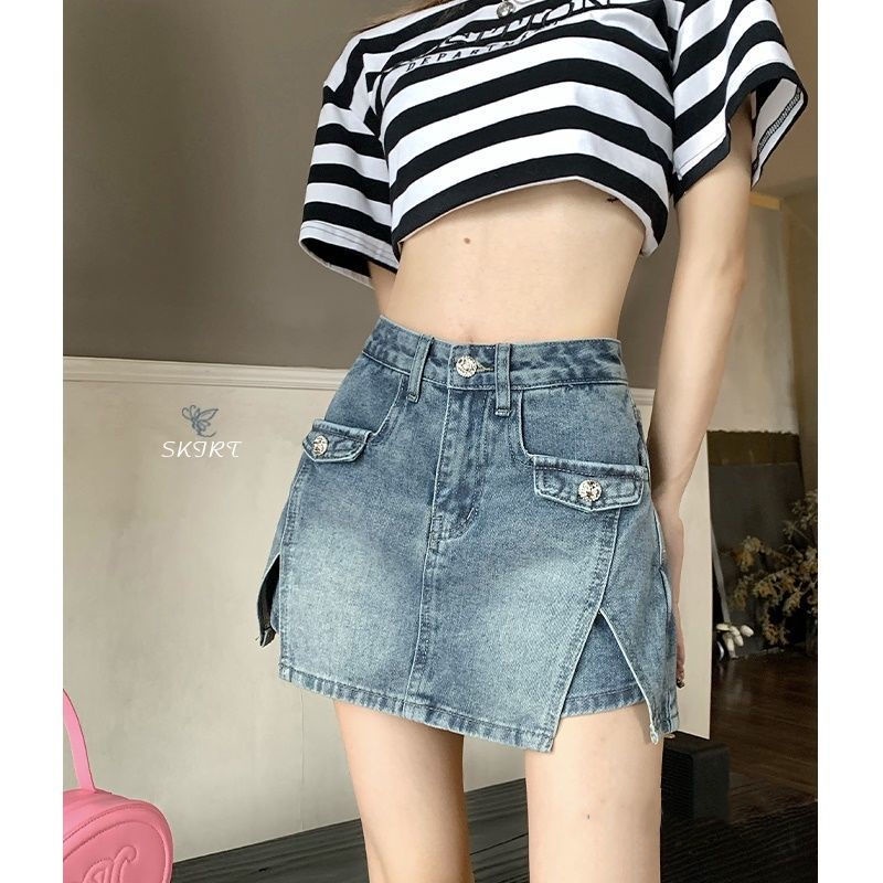 Jiashucheng Chân Váy Denim Xẻ Tà Lưng Cao Thời Trang Mùa Hè Cho Nữ