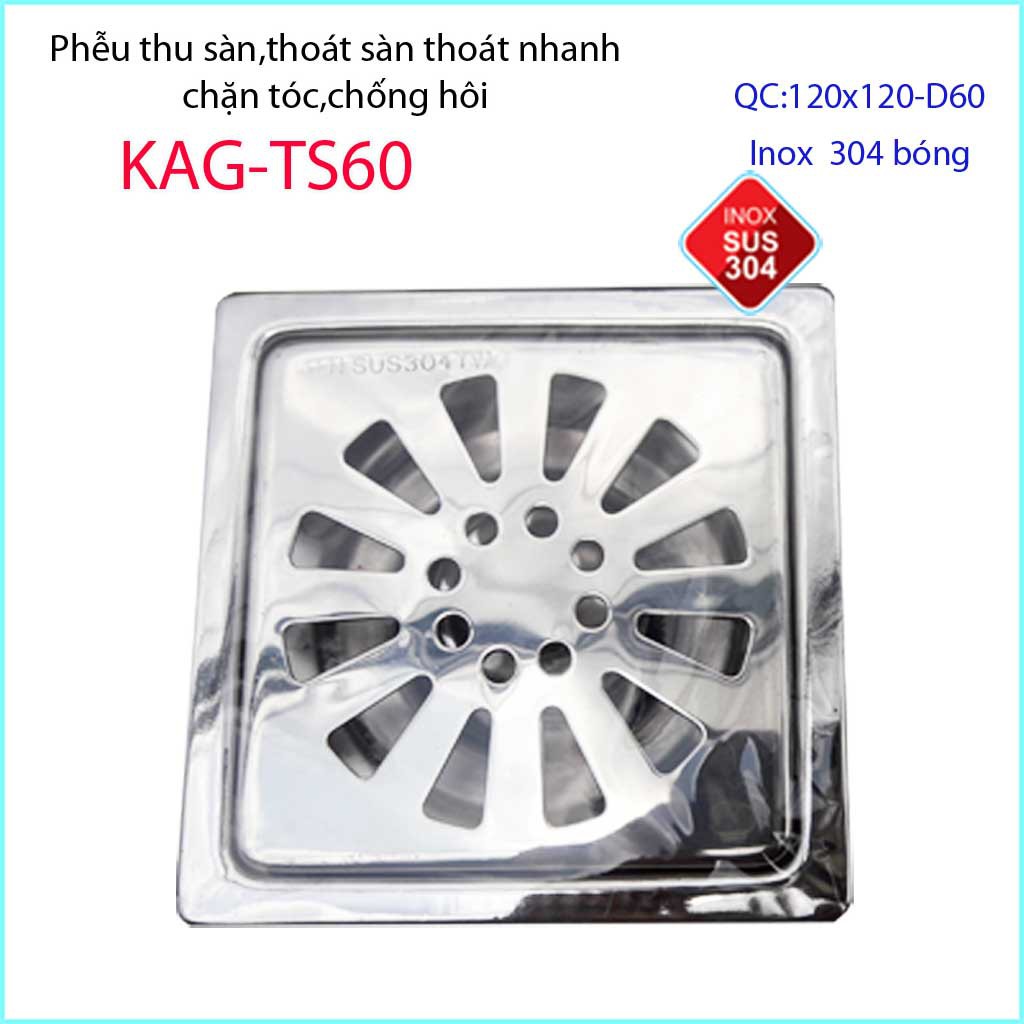 Phễu thoát sàn 12x12cm KAG-TS60 (D6cm) chống mùi hôi inox 304, hố ga thoát sàn 12x12cm cho ống D60mm mặt hoa cúc