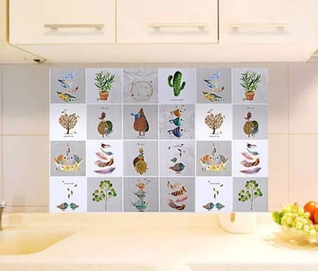Decal dán bếp tráng nhôm cách nhiệt mẫu hoa và chim khổ 60cm