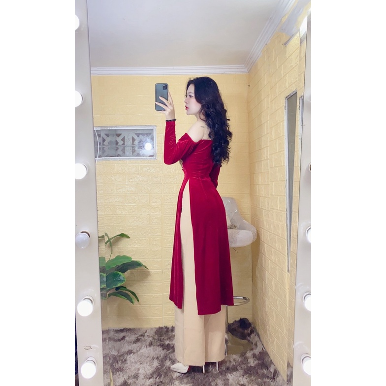 Aó Dài Nhung đỏ Nhung truyền thống cách tân trẻ trung, dự tiệc, dám cưới đẹp sang trọng quý phái.